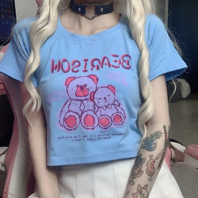 Kaos Crop Wanita Beruang Bearison Crop Top Lucu Biru Pink Korean Style