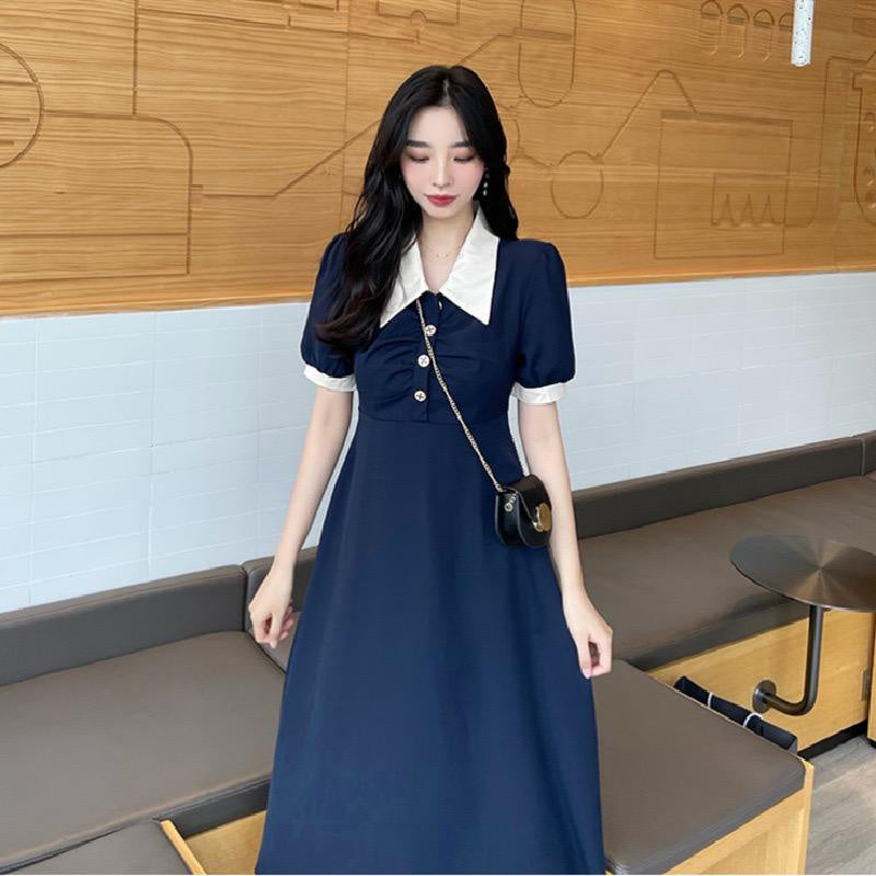 Dress Panjang Lengan Pendek Berkerah Kancing Kayu X Biru Dongker Hitam Two Tone Long Dress Kerja Acara Simple Elegan Berkualitas Simply Korean Style