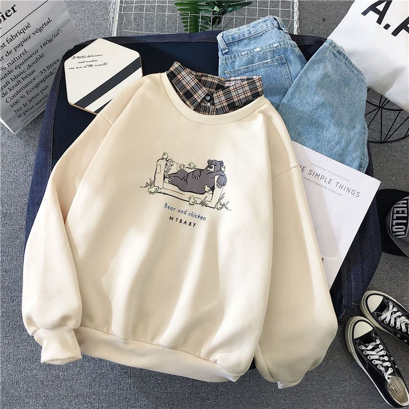 Sweater Lengan Panjang Berkerah Fake Collar Shirt Motif Bear and Chicken Kaos Lengan Panjang Beruang Ayam Lucu Berkualitas Kaos Polo Lengan Panjang Sweater Berkerah Atasan Kuliah Kerja Korean Style
