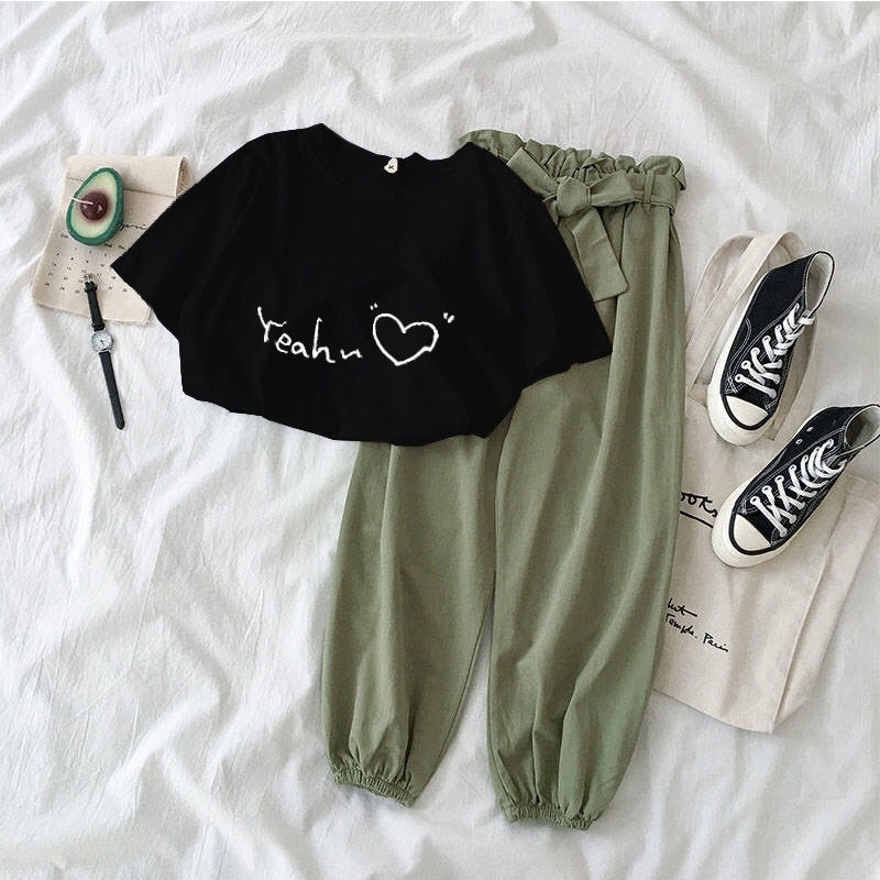 Setelan Wanita Daily Set One Set Oversize Hijau Hati Love Selebgram Korean Style Baju 1 Set Kaos Celana Karet Lembut Berkualitas