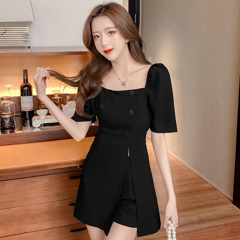 Setelan Atasan Square Neck Celana Pendek Hitam Abu-Abu Simple Elegan Simply Fashion Dress Berkualitas Sabrina Set Korean Style