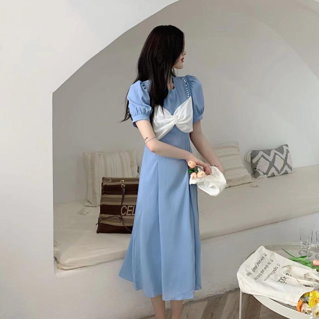 Dress Pita Putih Biru Langit Hitam Long Dress With Pearl And Ribbon Simple Elegan Gaun Wanita Panjang Lengan Pendek Berkualitas Korean Style