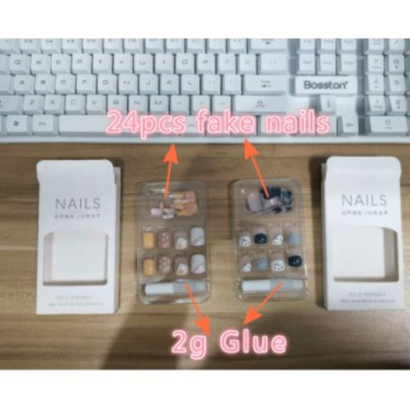 Pekanbaru (24Pcs Free Lem) Kuku Palsu Murah Tahan Air Fashion Nail Art 3D Korea Fake Nails Manicure