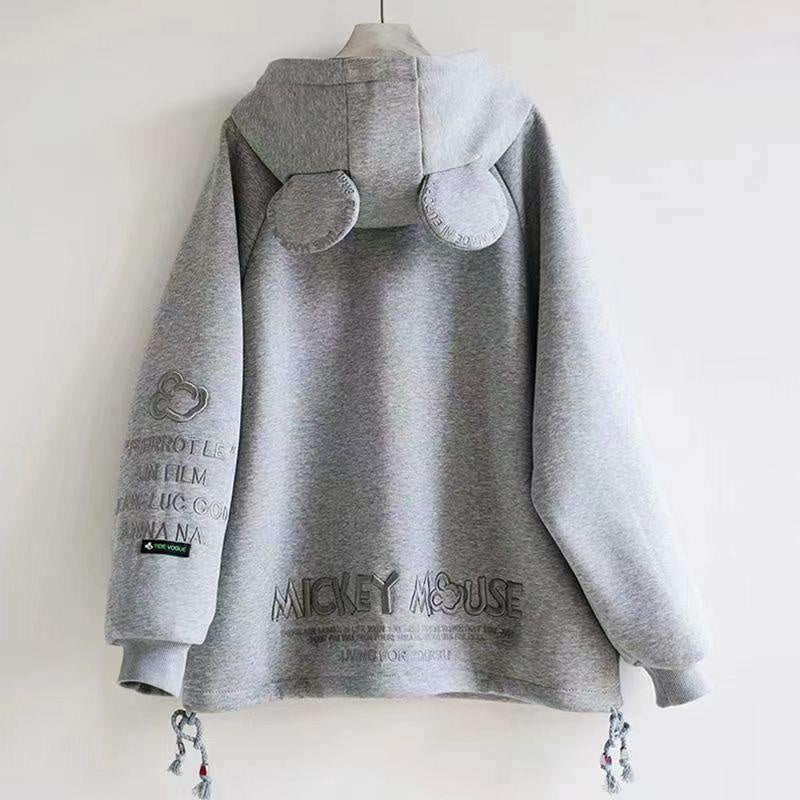 Jaket Mickey Mouse Zipper Oversize Hoodie Resleting Hitam Putih Abu-Abu Telinga Bulat Lucu Unik Berkualitas Hoodie Jacket Living For Yourself Bordir Topi Telinga Tikus Lucu Unisex Korean Style
