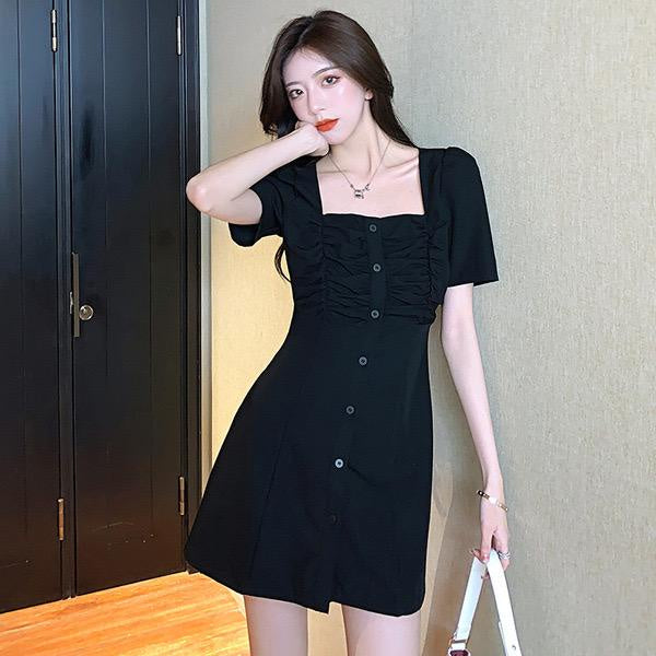 Dress Full Kancing Karet Square Neck Polos Pendek Simple Elegan Short Dress Korean Style Model Simply Nyaman Lembut Berkualitas