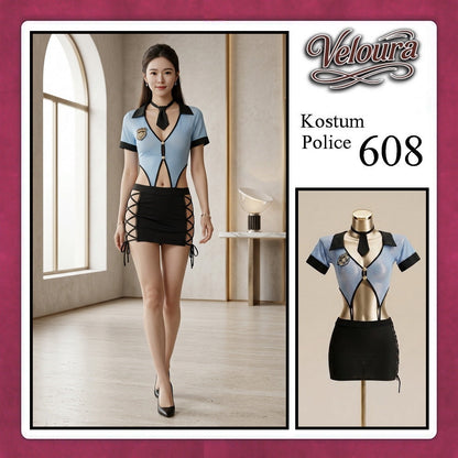 Pekalongan Veloura Police Cosplay Set - Lingerie Kostum Polwan Seksi Sheer Mesh Officer 608 + STOCKING