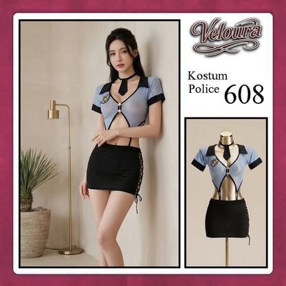 Pekalongan Veloura Police Cosplay Set - Lingerie Kostum Polwan Seksi Sheer Mesh Officer 608 + STOCKING