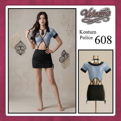 Pekalongan Veloura Police Cosplay Set - Lingerie Kostum Polwan Seksi Sheer Mesh Officer 608 + STOCKING