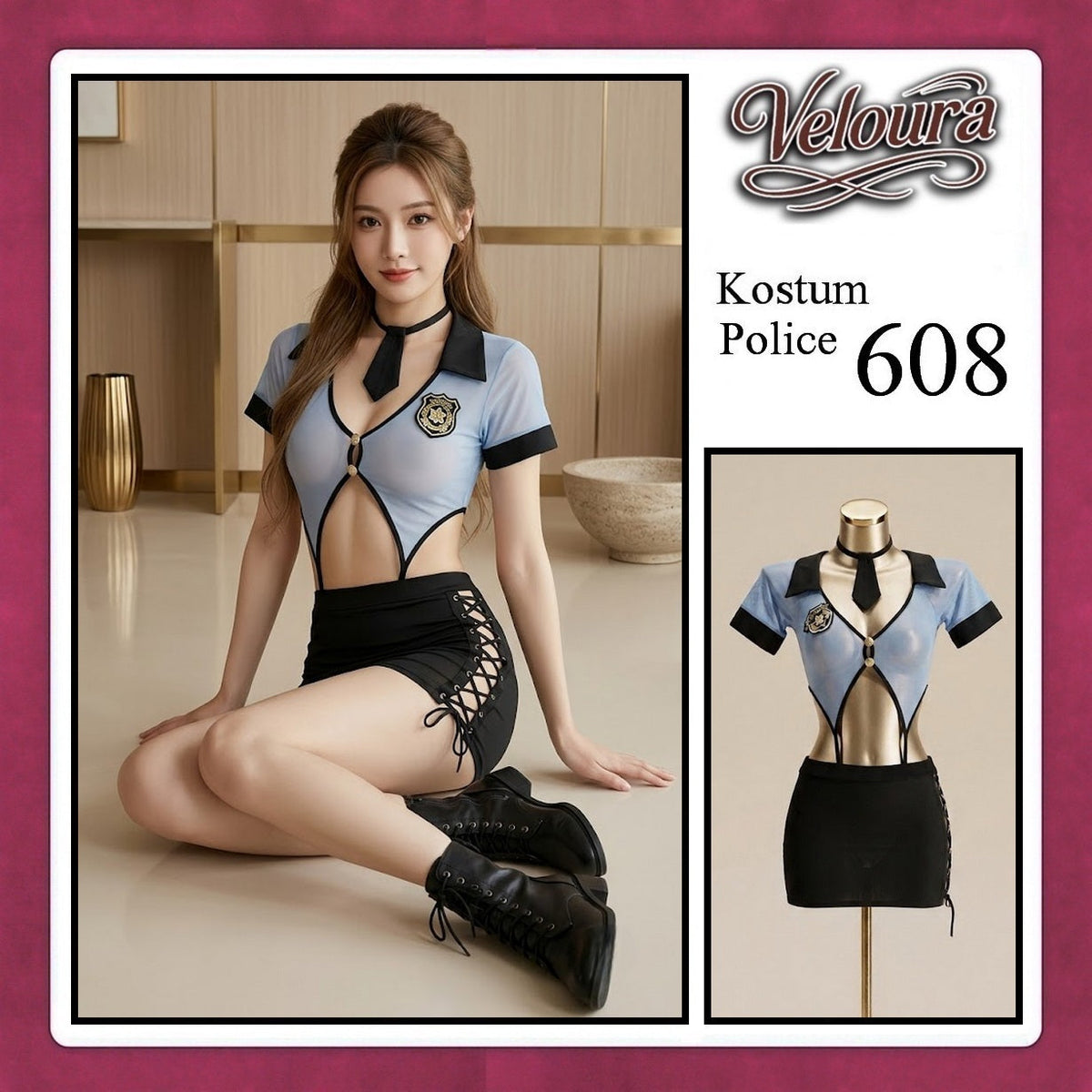 Pekalongan Veloura Police Cosplay Set - Lingerie Kostum Polwan Seksi Sheer Mesh Officer 608 + STOCKING