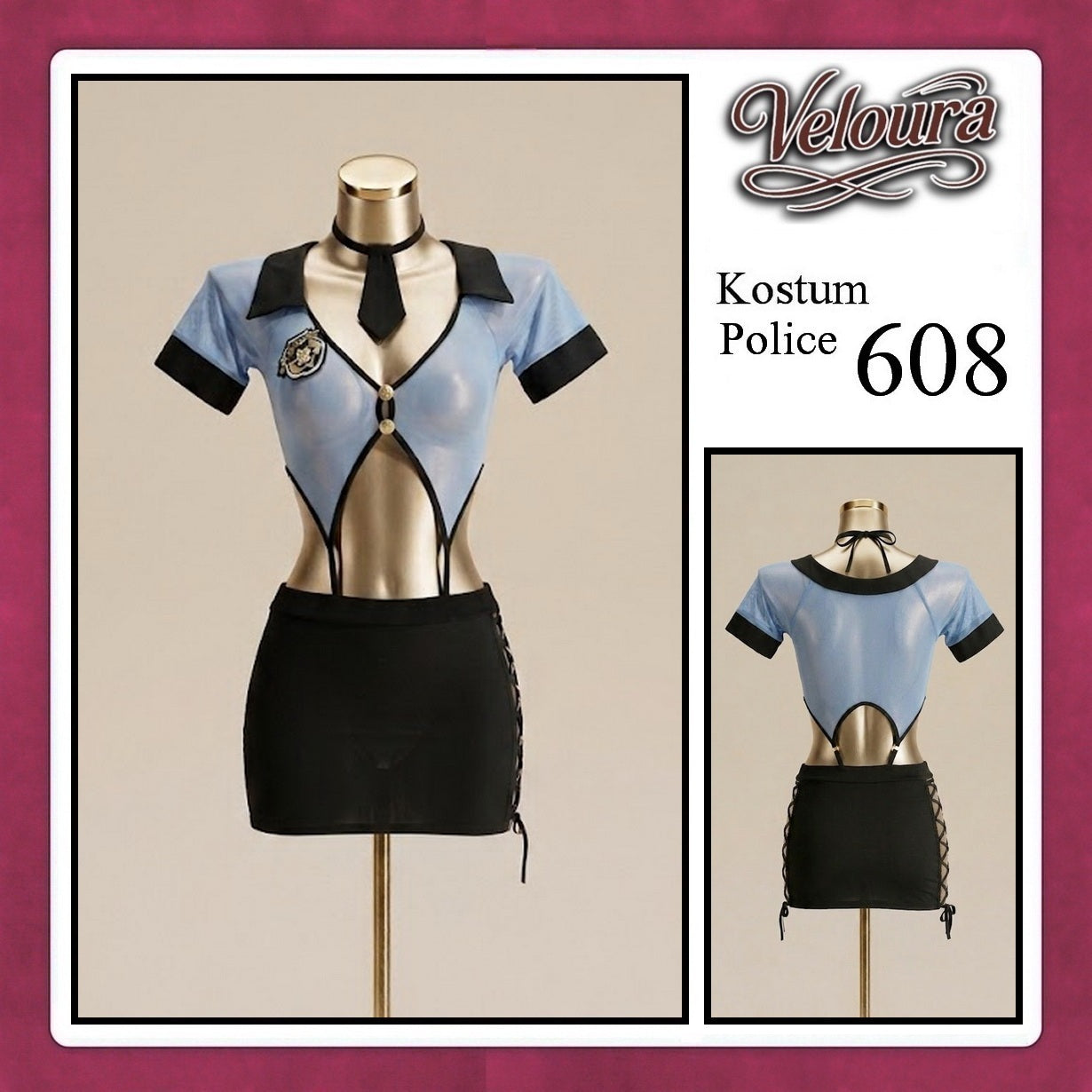 Pekalongan Veloura Police Cosplay Set - Lingerie Kostum Polwan Seksi Sheer Mesh Officer 608 + STOCKING