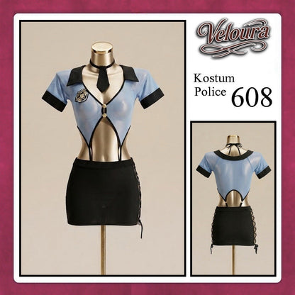 Pekalongan Veloura Police Cosplay Set - Lingerie Kostum Polwan Seksi Sheer Mesh Officer 608 + STOCKING