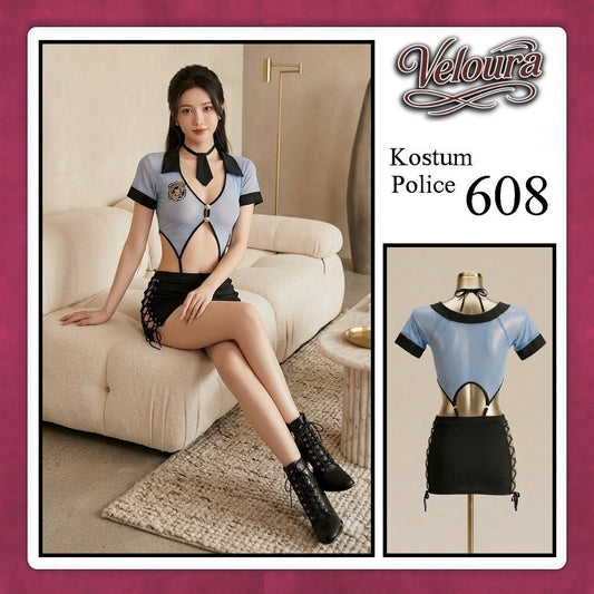 Pekalongan Veloura Police Cosplay Set - Lingerie Kostum Polwan Seksi Sheer Mesh Officer 608 + STOCKING