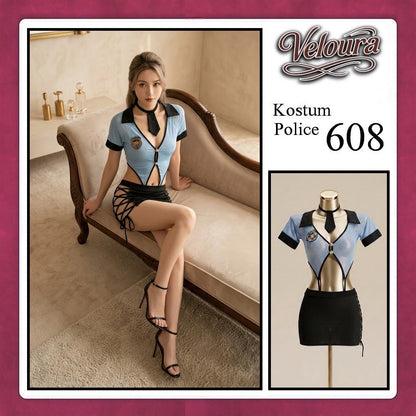Pekalongan Veloura Police Cosplay Set - Lingerie Kostum Polwan Seksi Sheer Mesh Officer 608 + STOCKING