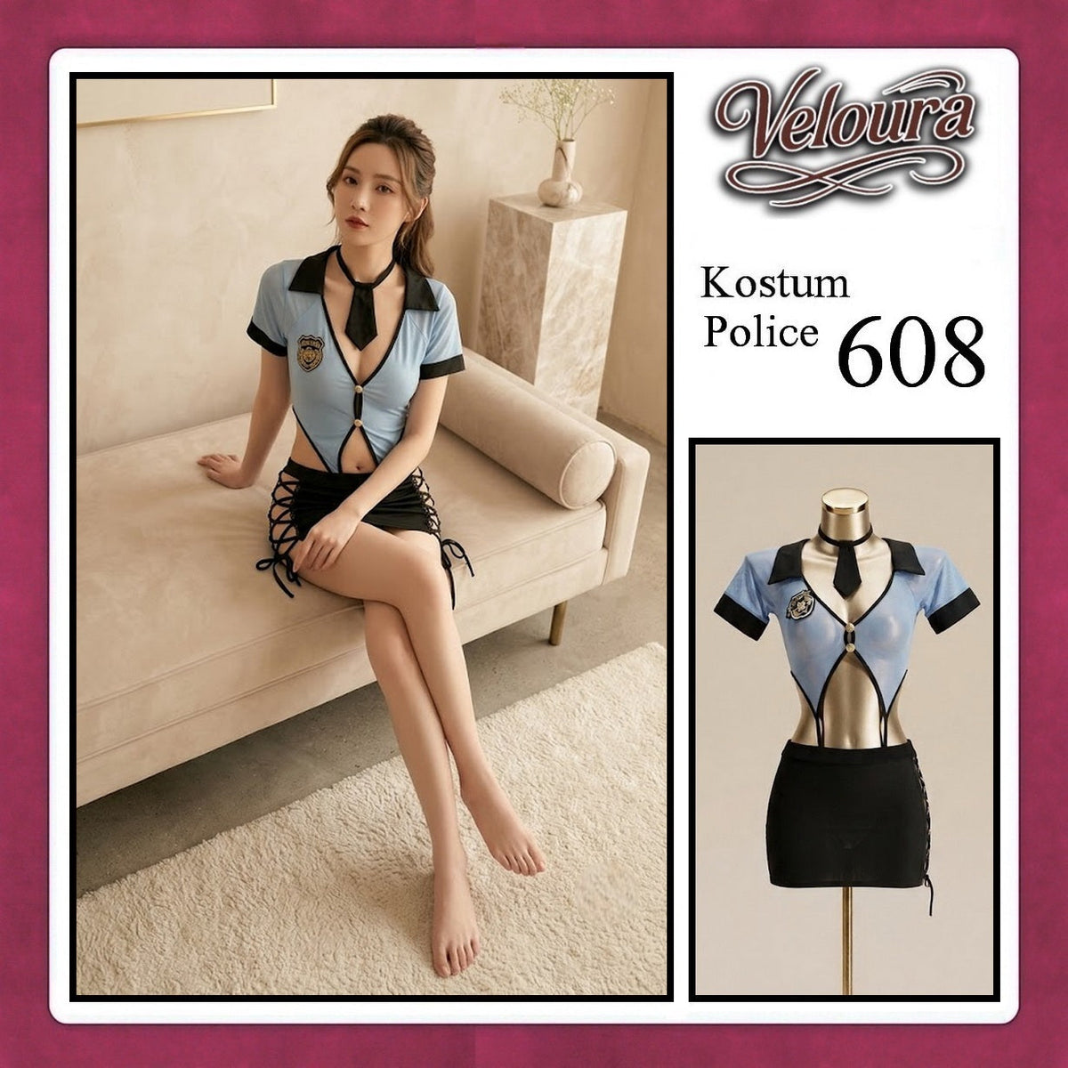 Pekalongan Veloura Police Cosplay Set - Lingerie Kostum Polwan Seksi Sheer Mesh Officer 608 + STOCKING