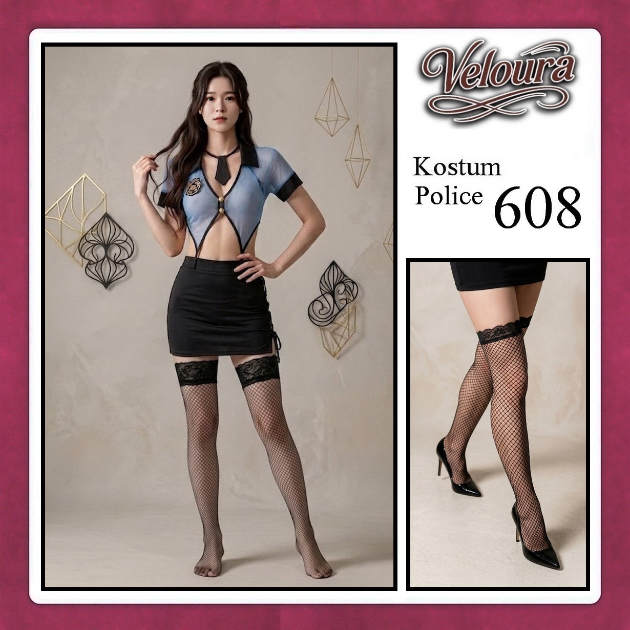 Pekalongan Veloura Police Cosplay Set - Lingerie Kostum Polwan Seksi Sheer Mesh Officer 608 + STOCKING