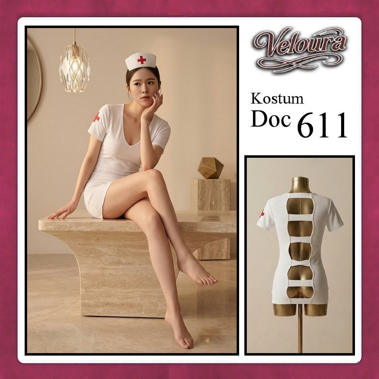 Pekalongan Veloura Doc Cosplay Set - Lingerie Kostum Suster Perawat Seksi Deep V-Neck Mini Dress 611