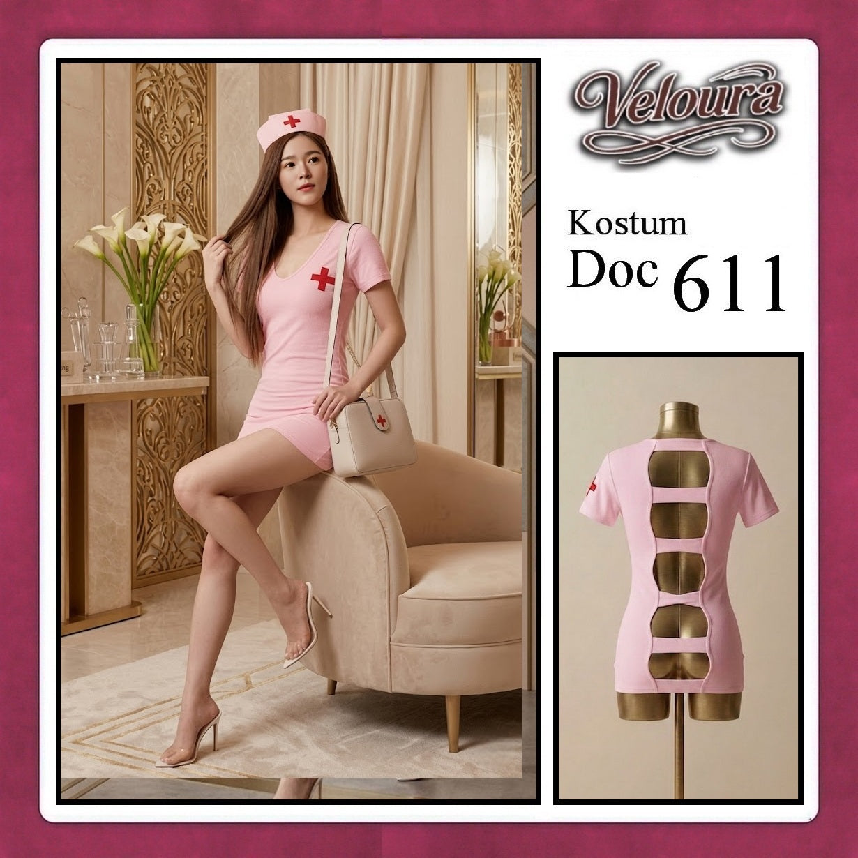 Pekalongan Veloura Doc Cosplay Set - Lingerie Kostum Suster Perawat Seksi Deep V-Neck Mini Dress 611