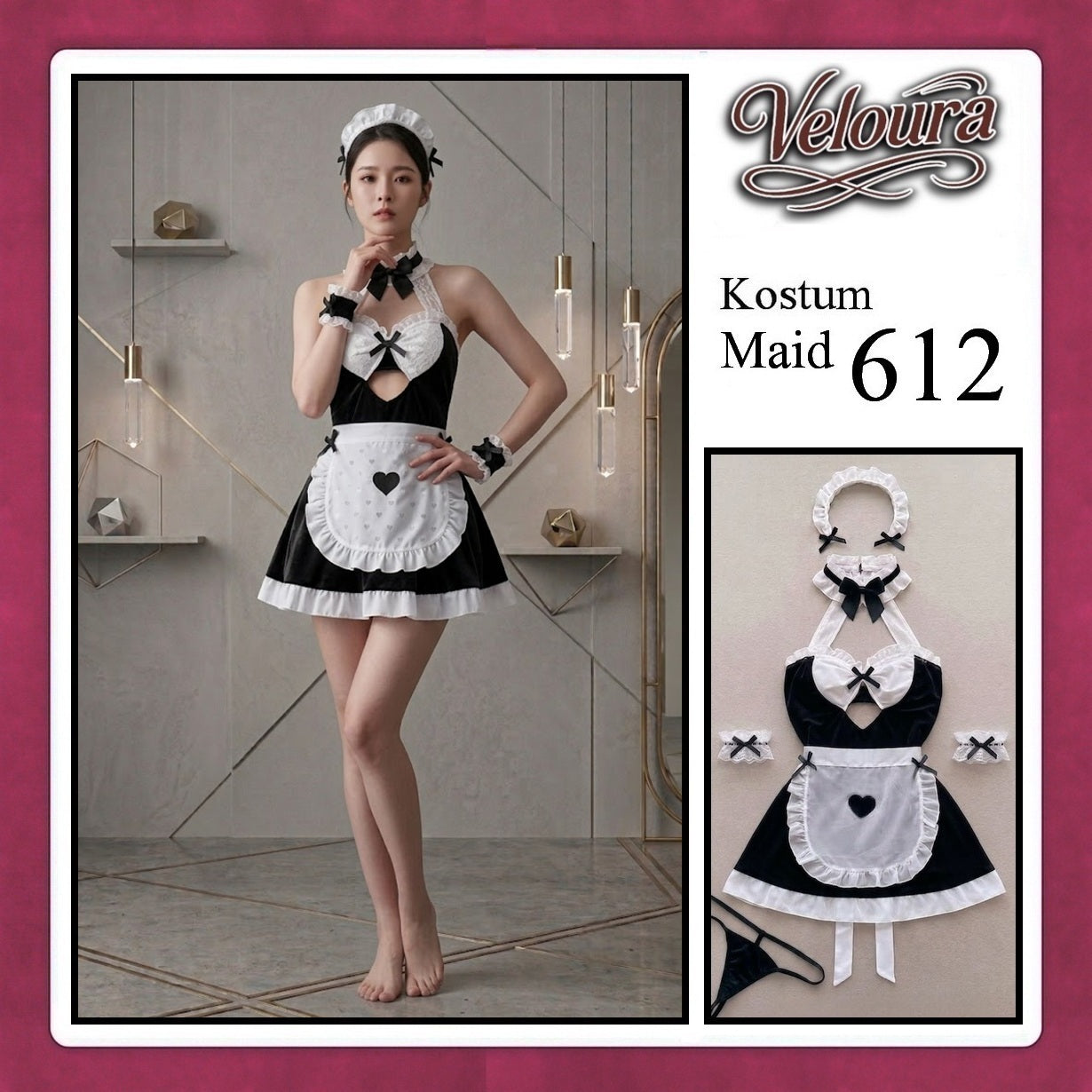 Pekalongan Veloura Maid Cosplay Set - Lingerie Kostum Pelayan Seksi Apron Keyhole Halter Dress 612
