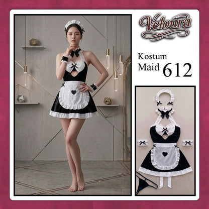 Pekalongan Veloura Maid Cosplay Set - Lingerie Kostum Pelayan Seksi Apron Keyhole Halter Dress 612