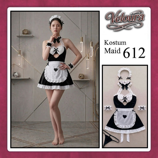 Pekalongan Veloura Maid Cosplay Set - Lingerie Kostum Pelayan Seksi Apron Keyhole Halter Dress 612