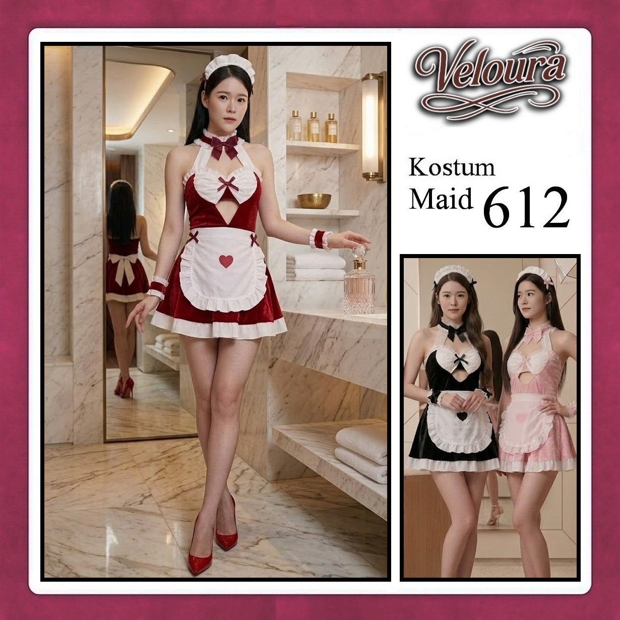 Pekalongan Veloura Maid Cosplay Set - Lingerie Kostum Pelayan Seksi Apron Keyhole Halter Dress 612