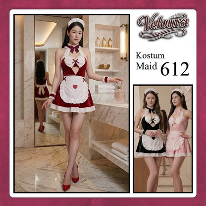 Pekalongan Veloura Maid Cosplay Set - Lingerie Kostum Pelayan Seksi Apron Keyhole Halter Dress 612