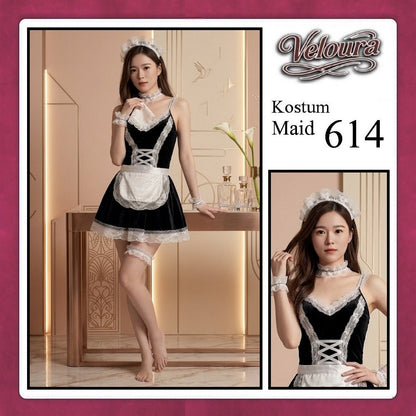 Pekalongan Veloura Maid Cosplay Set - Lingerie Kostum Pelayan Seksi Velvet Lace Corset Dress 614