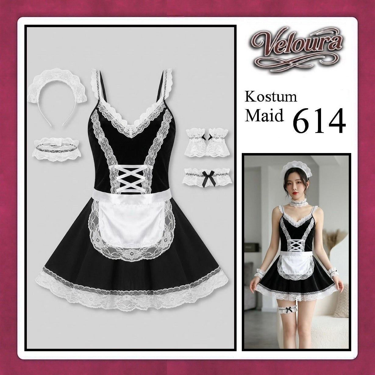 Pekalongan Veloura Maid Cosplay Set - Lingerie Kostum Pelayan Seksi Velvet Lace Corset Dress 614