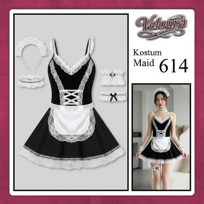 Pekalongan Veloura Maid Cosplay Set - Lingerie Kostum Pelayan Seksi Velvet Lace Corset Dress 614