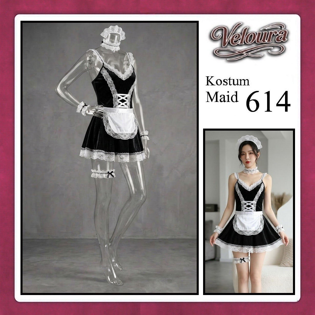 Pekalongan Veloura Maid Cosplay Set - Lingerie Kostum Pelayan Seksi Velvet Lace Corset Dress 614