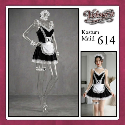 Pekalongan Veloura Maid Cosplay Set - Lingerie Kostum Pelayan Seksi Velvet Lace Corset Dress 614