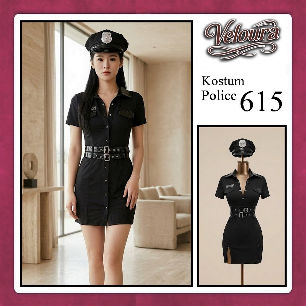 Pekalongan Veloura Police Cosplay Set - Lingerie Kostum Polwan Seksi Leather-Accent Bodycon Dress 615