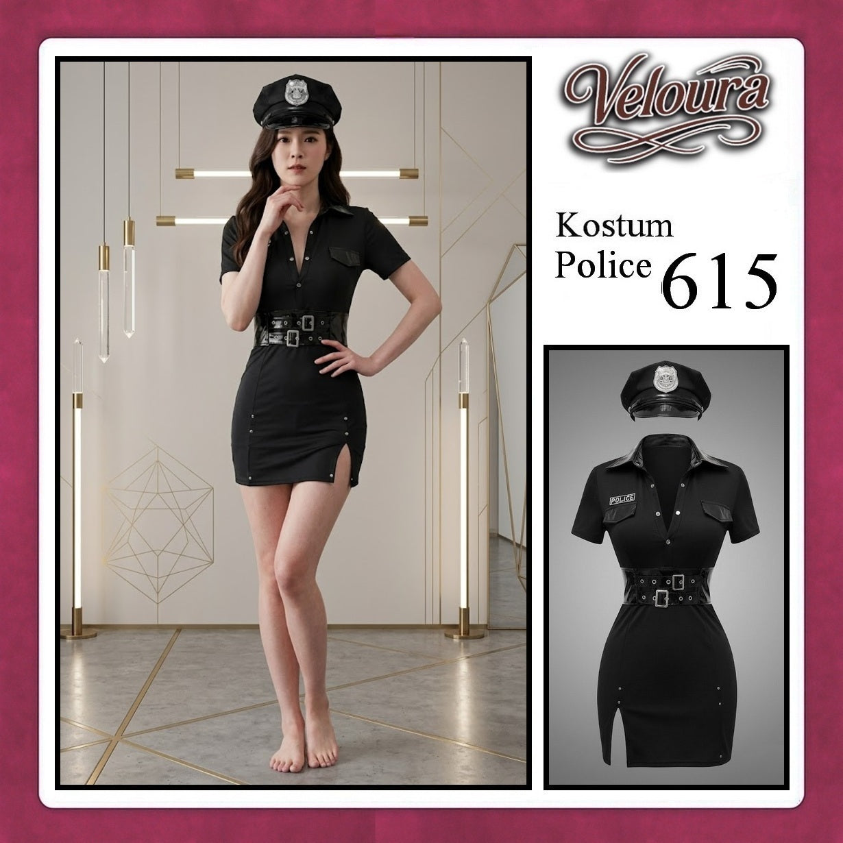 Pekalongan Veloura Police Cosplay Set - Lingerie Kostum Polwan Seksi Leather-Accent Bodycon Dress 615