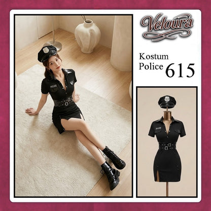 Pekalongan Veloura Police Cosplay Set - Lingerie Kostum Polwan Seksi Leather-Accent Bodycon Dress 615
