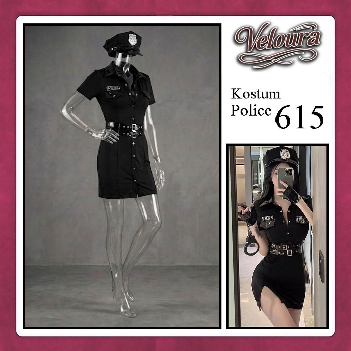 Pekalongan Veloura Police Cosplay Set - Lingerie Kostum Polwan Seksi Leather-Accent Bodycon Dress 615
