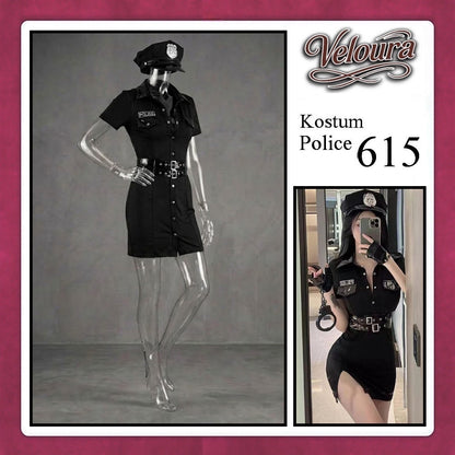Pekalongan Veloura Police Cosplay Set - Lingerie Kostum Polwan Seksi Leather-Accent Bodycon Dress 615
