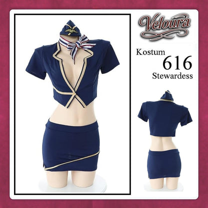 Pekalongan Veloura Stewardess Cosplay Set - Lingerie Kostum Pramugari Seksi Two-Piece Deep V-Neck Mini Skirt 616