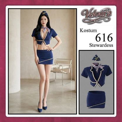 Pekalongan Veloura Stewardess Cosplay Set - Lingerie Kostum Pramugari Seksi Two-Piece Deep V-Neck Mini Skirt 616