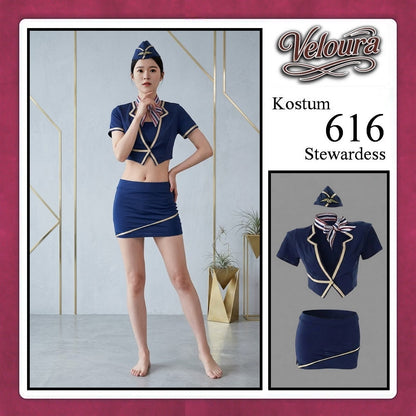 Pekalongan Veloura Stewardess Cosplay Set - Lingerie Kostum Pramugari Seksi Two-Piece Deep V-Neck Mini Skirt 616