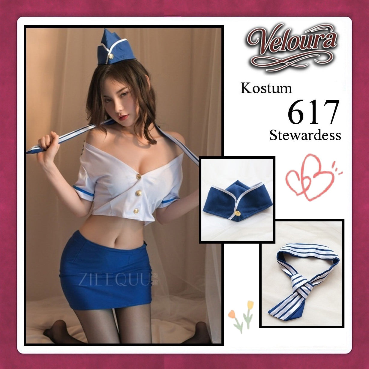 Pekalongan Veloura Stewardess Cosplay Set 617 - Lingerie Kostum Pramugari Seksi Crop Blouse Mini Skirt