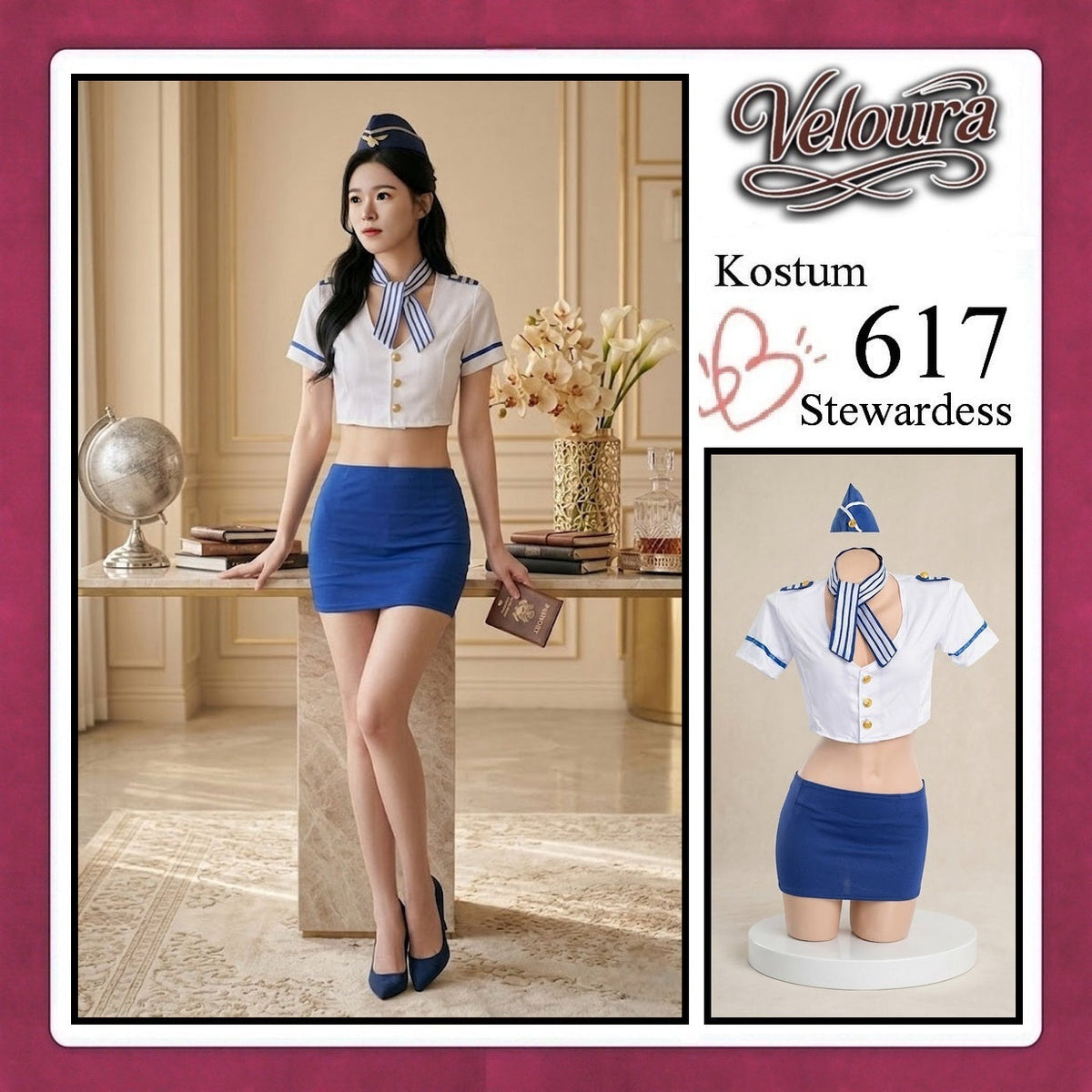 Pekalongan Veloura Stewardess Cosplay Set 617 - Lingerie Kostum Pramugari Seksi Crop Blouse Mini Skirt