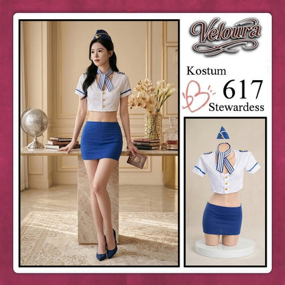 Pekalongan Veloura Stewardess Cosplay Set 617 - Lingerie Kostum Pramugari Seksi Crop Blouse Mini Skirt