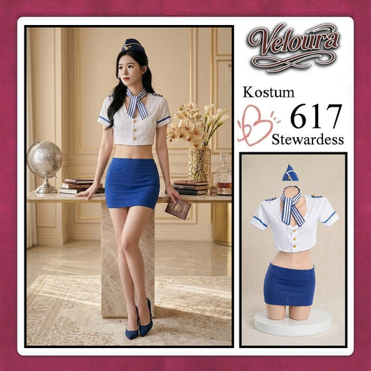 Pekalongan Veloura Stewardess Cosplay Set 617 - Lingerie Kostum Pramugari Seksi Crop Blouse Mini Skirt
