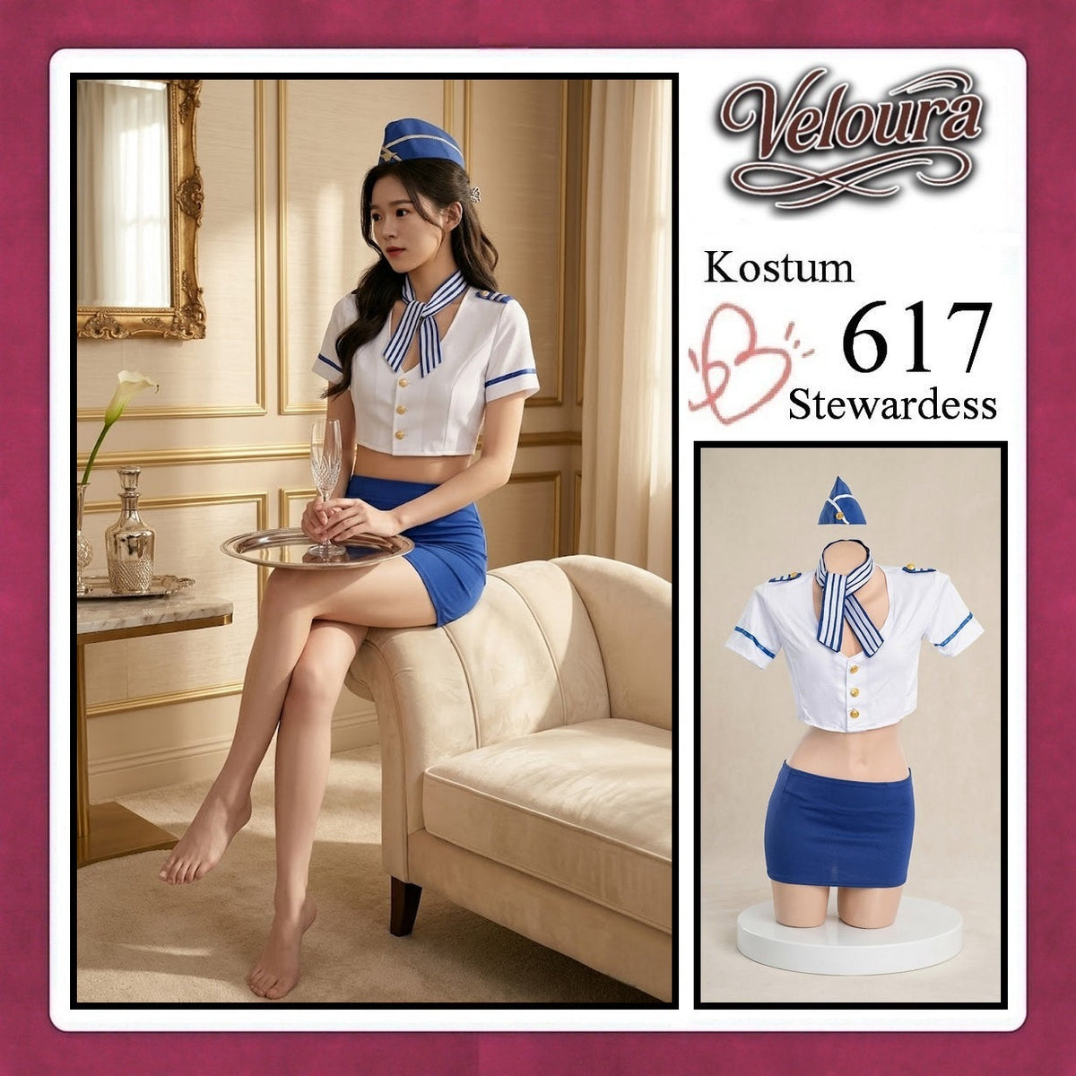 Pekalongan Veloura Stewardess Cosplay Set 617 - Lingerie Kostum Pramugari Seksi Crop Blouse Mini Skirt