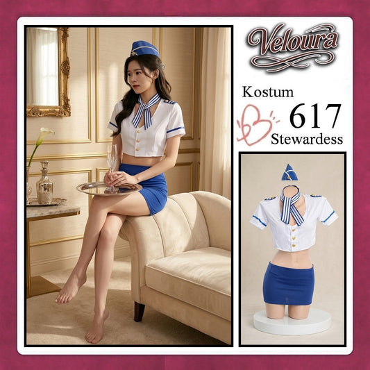 Pekalongan Veloura Stewardess Cosplay Set 617 - Lingerie Kostum Pramugari Seksi Crop Blouse Mini Skirt