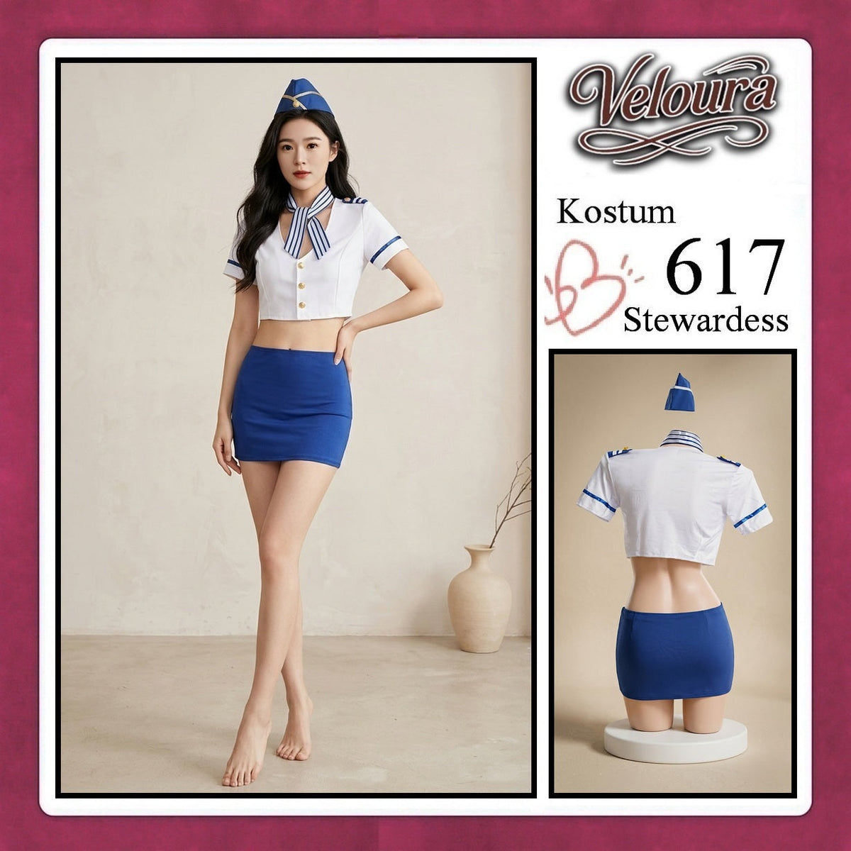 Pekalongan Veloura Stewardess Cosplay Set 617 - Lingerie Kostum Pramugari Seksi Crop Blouse Mini Skirt