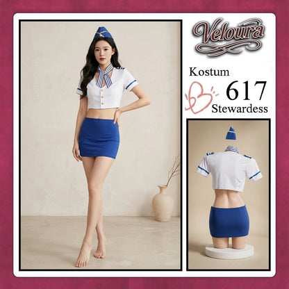 Pekalongan Veloura Stewardess Cosplay Set 617 - Lingerie Kostum Pramugari Seksi Crop Blouse Mini Skirt