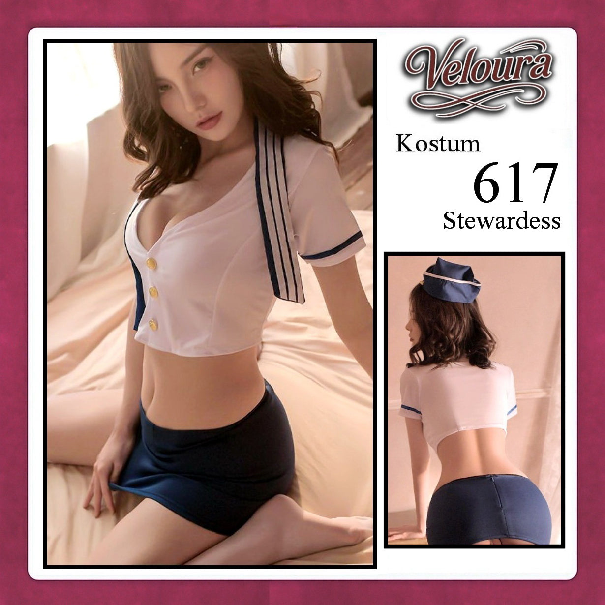 Pekalongan Veloura Stewardess Cosplay Set 617 - Lingerie Kostum Pramugari Seksi Crop Blouse Mini Skirt