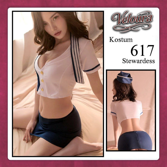 Pekalongan Veloura Stewardess Cosplay Set 617 - Lingerie Kostum Pramugari Seksi Crop Blouse Mini Skirt