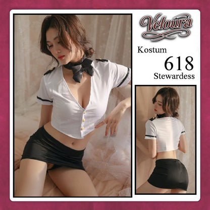 Pekalongan Veloura Stewardess Cosplay Set - Lingerie Kostum Pramugari Seksi Monochrome Crop Shirt Mini Skirt 618